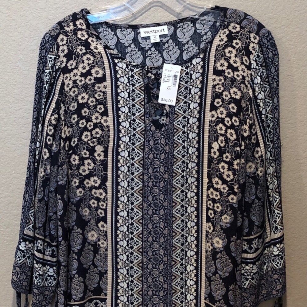 (NWT) Westport Women's Blue Blouse Cut-Out Adjustable Tie Sleeve Top Size XS